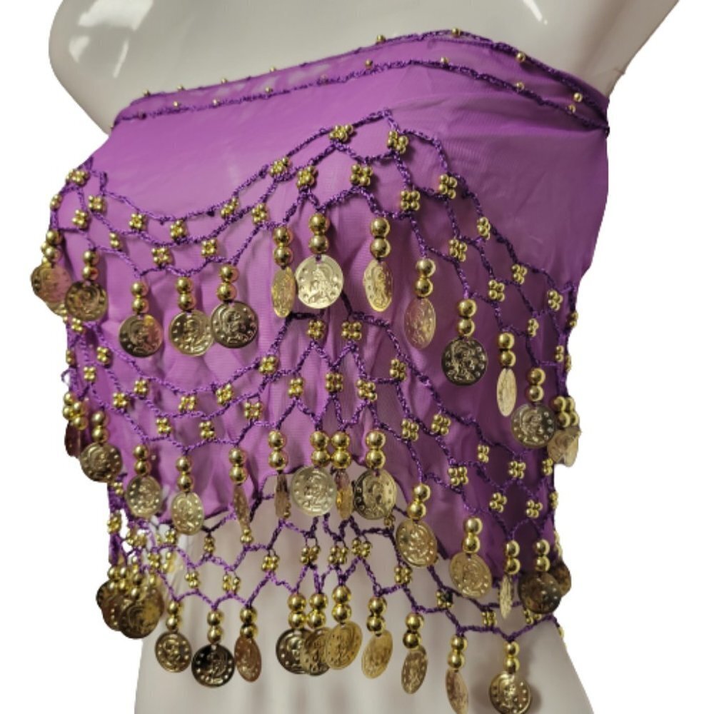Purple Belly Dance Skirt Scarf, HipScarf with Crocheted Gold Beads Coins - Picture 1 of 5
